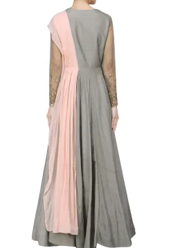 Hand Embroidered Art Silk Abaya Style Suit in Grey