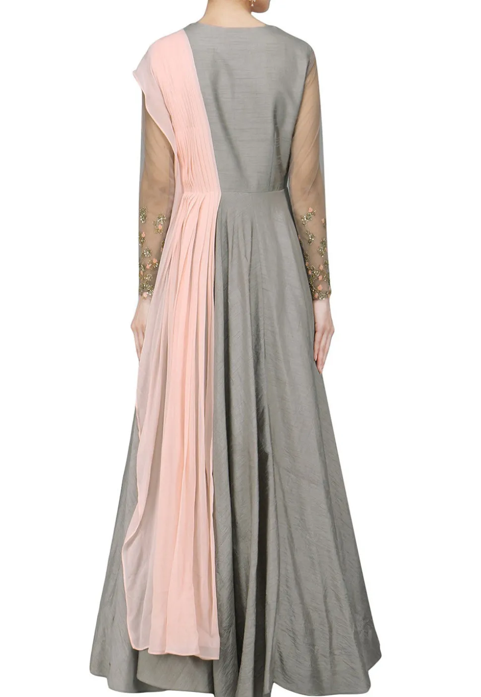Hand Embroidered Art Silk Abaya Style Suit in Grey