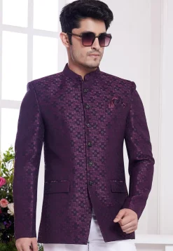 Hand Embroidered Art Silk Jacquard Jodhpuri Jacket in Purple