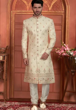 Hand Embroidered Art Silk Sherwani in Light Beige