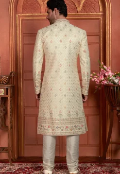Hand Embroidered Art Silk Sherwani in Light Beige