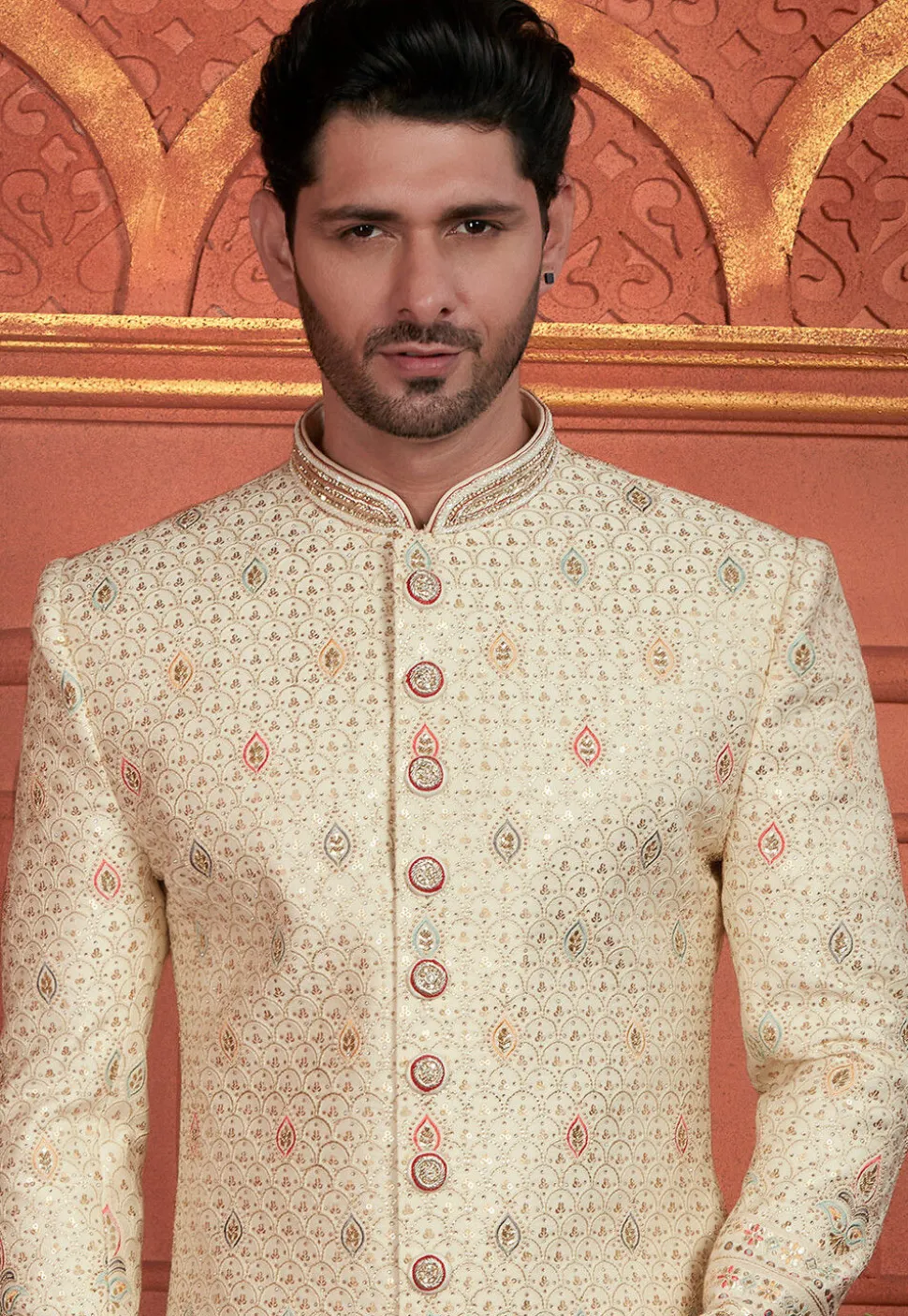 Hand Embroidered Art Silk Sherwani in Light Beige