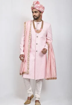 Hand Embroidered Art Silk Sherwani in Pink