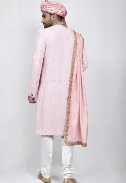 Hand Embroidered Art Silk Sherwani in Pink