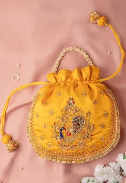 Hand Embroidered Art Silk Potli Bag in Yellow