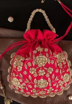 Hand Embroidered Art Silk Potli Bag in Red