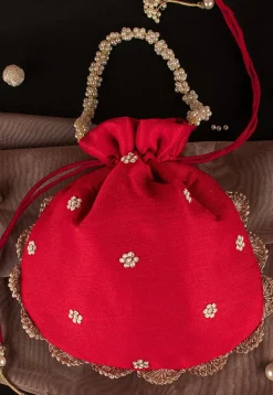 Hand Embroidered Art Silk Potli Bag in Red