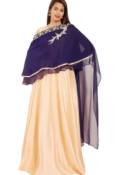 Hand Embroidered Art Silk Gown in Light Peach and Navy Blue
