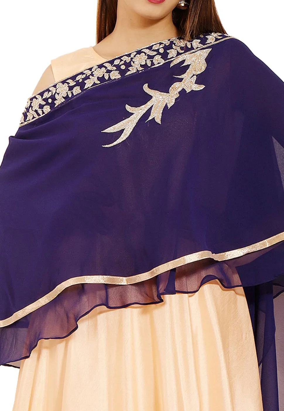Hand Embroidered Art Silk Gown in Light Peach and Navy Blue