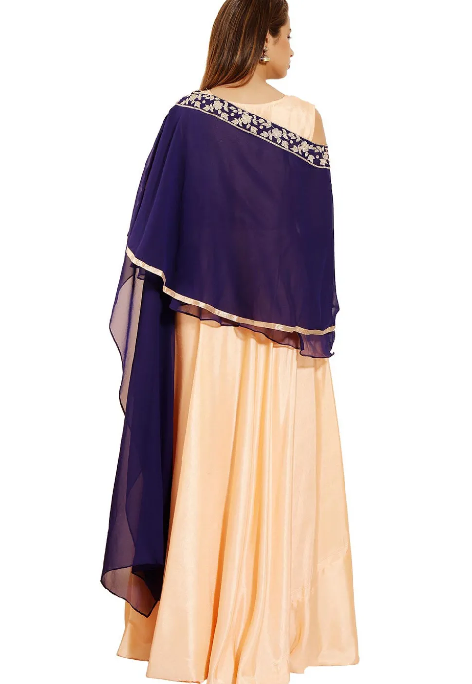 Hand Embroidered Art Silk Gown in Light Peach and Navy Blue