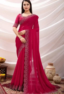 Hand Embroidered Border Chiffon Scalloped Saree in Fuchsia
