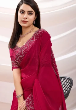 Hand Embroidered Border Chiffon Scalloped Saree in Fuchsia
