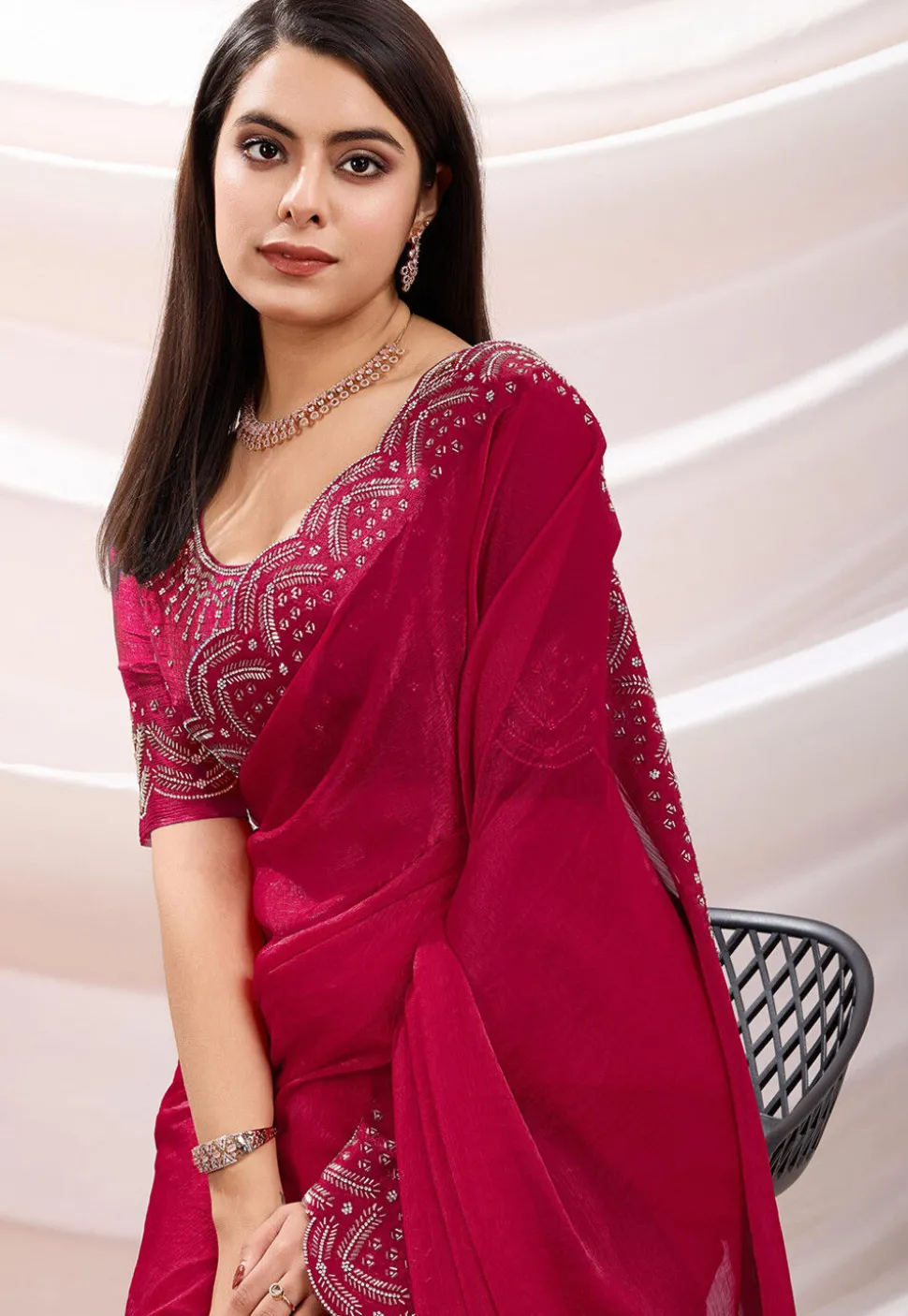 Hand Embroidered Border Chiffon Scalloped Saree in Fuchsia