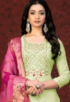 Hand Embroidered Chanderi Silk Pakistani Suit in Light Green