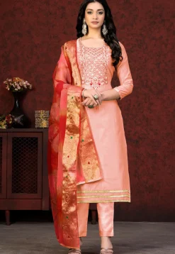 Hand Embroidered Chanderi Silk Pakistani Suit in Peach