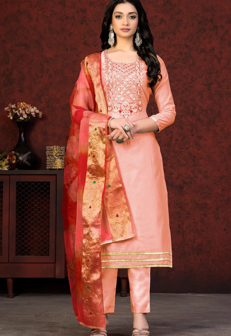 Hand Embroidered Chanderi Silk Pakistani Suit in Peach