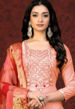 Hand Embroidered Chanderi Silk Pakistani Suit in Peach