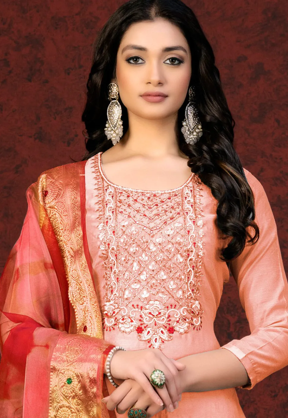 Hand Embroidered Chanderi Silk Pakistani Suit in Peach