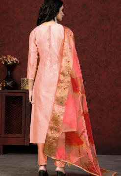 Hand Embroidered Chanderi Silk Pakistani Suit in Peach