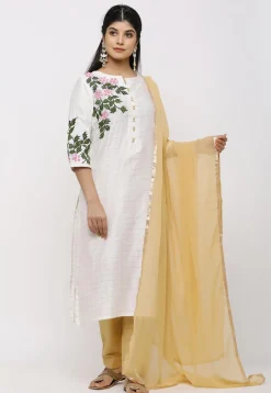 Hand Embroidered Chanderi Silk Pakistani Suit in Off White