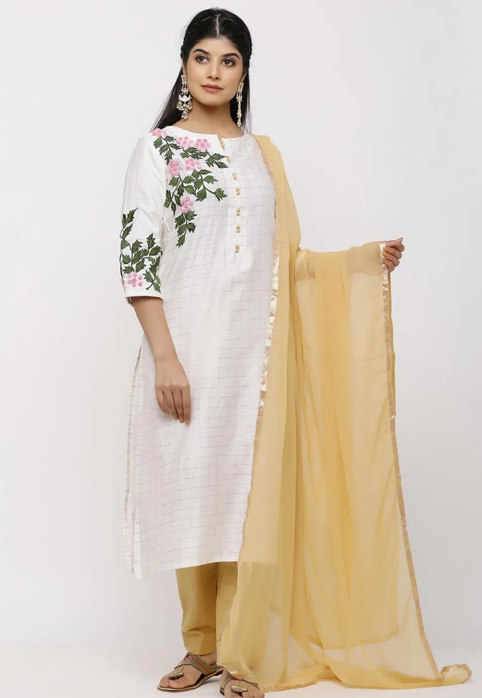 Hand Embroidered Chanderi Silk Pakistani Suit in Off White