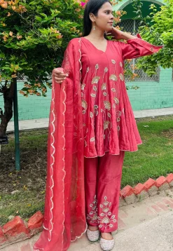 Hand Embroidered Chanderi Silk Anarkali Suit in Coral Pink