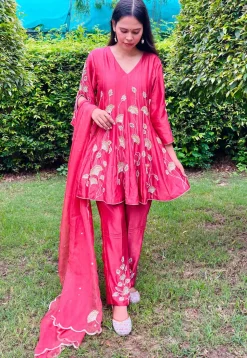 Hand Embroidered Chanderi Silk Anarkali Suit in Coral Pink