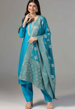 Hand Embroidered Chanderi Cotton Pakistani Suit in Blue