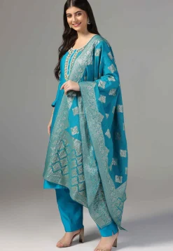 Hand Embroidered Chanderi Cotton Pakistani Suit in Blue