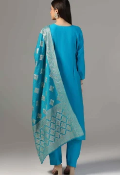 Hand Embroidered Chanderi Cotton Pakistani Suit in Blue