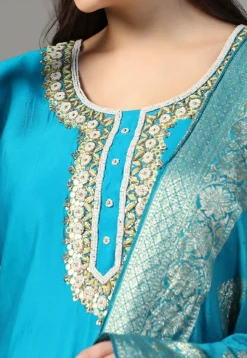 Hand Embroidered Chanderi Cotton Pakistani Suit in Blue