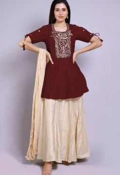 Hand Embroidered Chanderi Silk Lehenga in Maroon