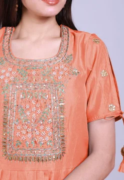 Hand Embroidered Chanderi Silk Peplum Style Kurti in Peach