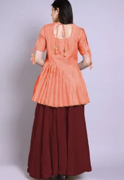 Hand Embroidered Chanderi Silk Peplum Style Kurti in Peach