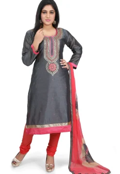 Hand Embroidered Chanderi Cotton Straight Suit in Dark Grey