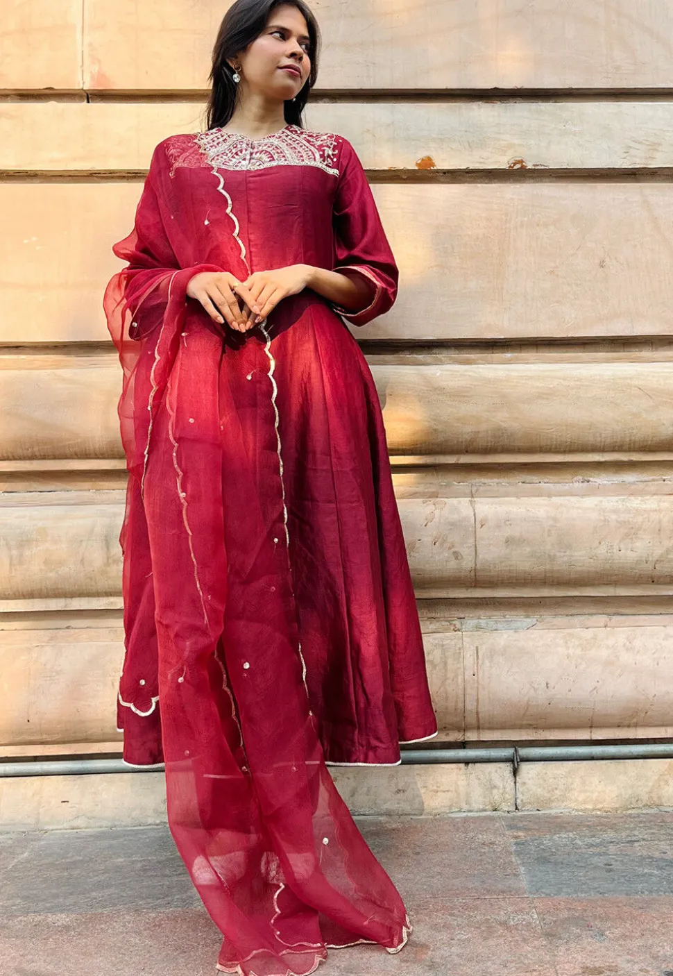 Hand Embroidered Chanderi Silk Anarkali Suit in Red