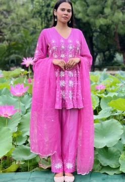 Hand Embroidered Chanderi Silk Anarkali Suit in Light Fuchsia