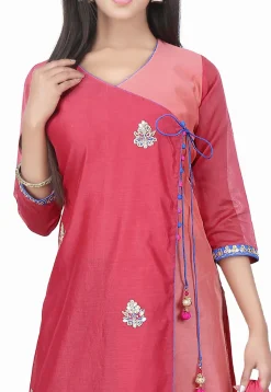 Hand Embroidered Chanderi Angrakha Style Suit Coral Pink