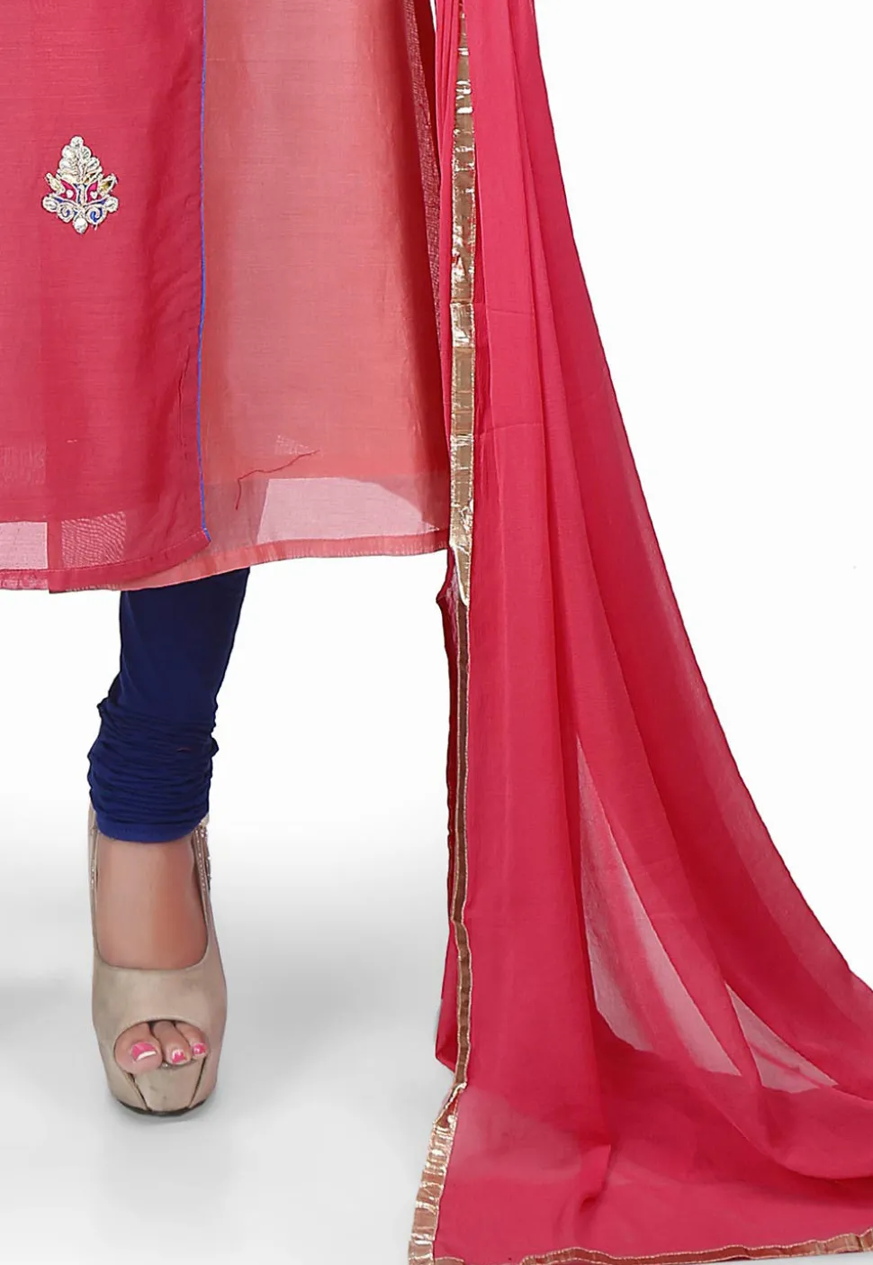 Hand Embroidered Chanderi Angrakha Style Suit Coral Pink