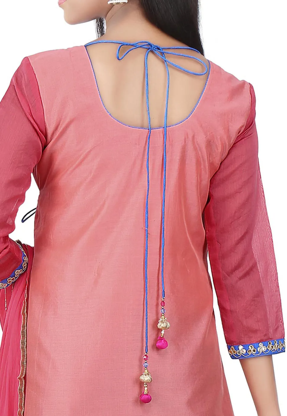 Hand Embroidered Chanderi Angrakha Style Suit Coral Pink