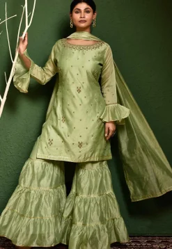 Hand Embroidered Chanderi Silk Pakistani Suit in Green