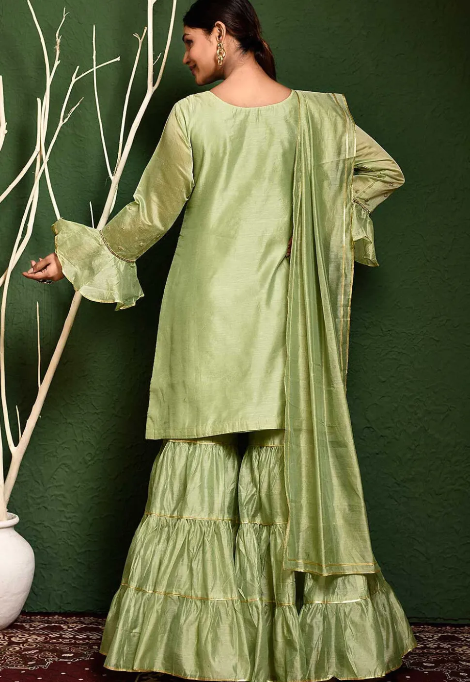 Hand Embroidered Chanderi Silk Pakistani Suit in Green