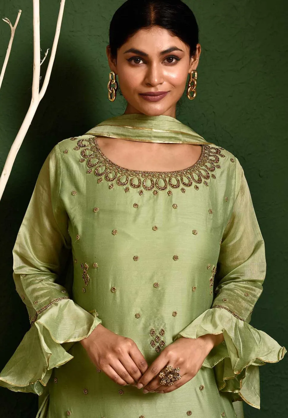 Hand Embroidered Chanderi Silk Pakistani Suit in Green