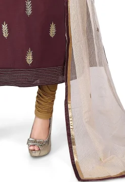 Hand Embroidered Chanderi Cotton Straight Suit in Brown