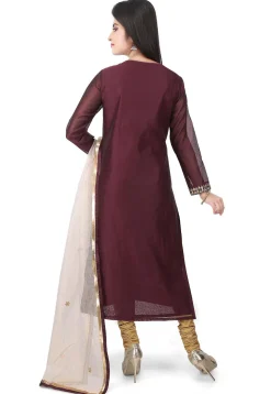 Hand Embroidered Chanderi Cotton Straight Suit in Brown