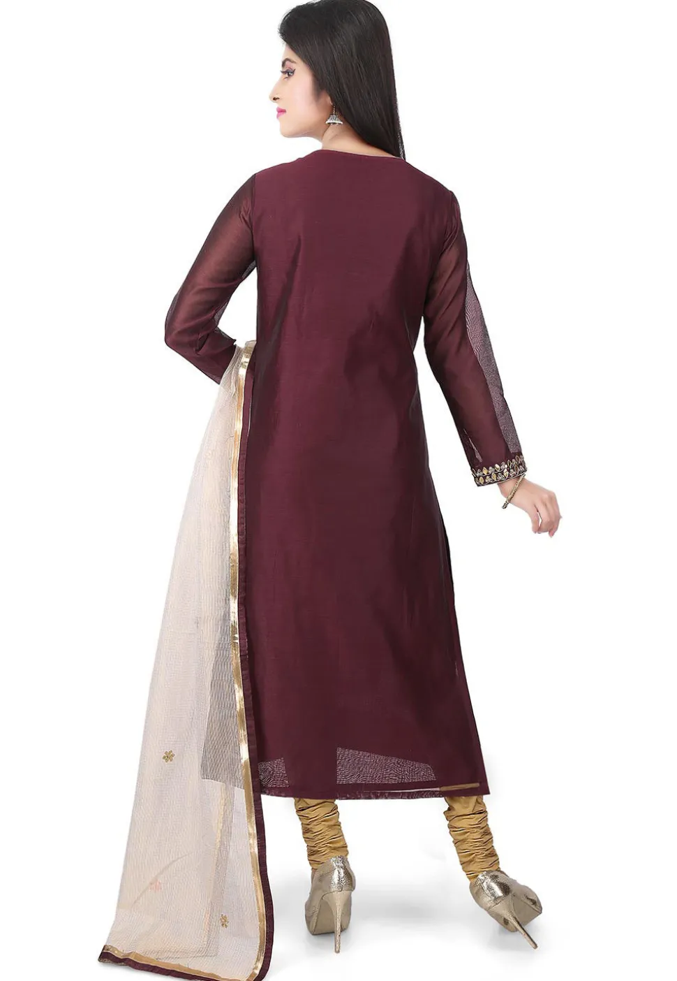Hand Embroidered Chanderi Cotton Straight Suit in Brown