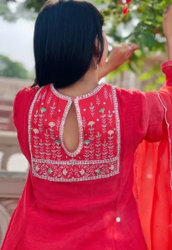 Hand Embroidered Chanderi Silk Pakistani Suit in Red