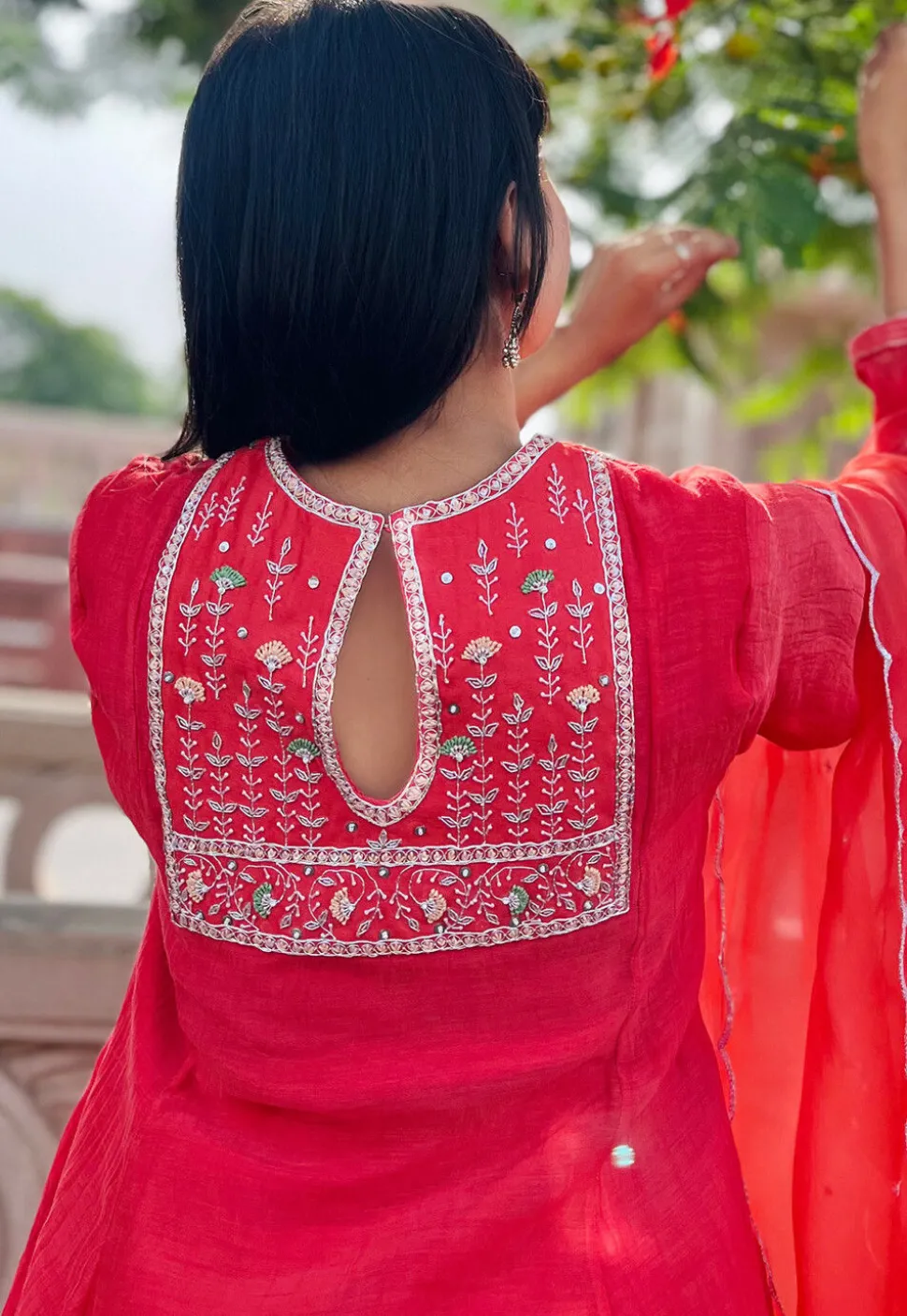 Hand Embroidered Chanderi Silk Pakistani Suit in Red