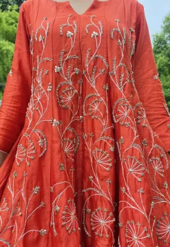 Hand Embroidered Chanderi Silk Anarkali Suit in Rust