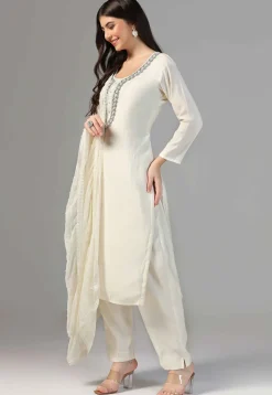 Hand Embroidered Chanderi Cotton Pakistani Suit in Cream
